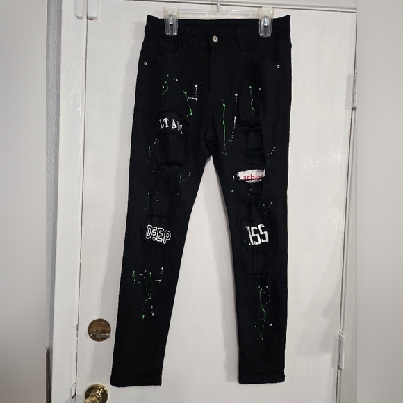 Unbranded Men's Black Distressed Jeans with Green Accents Sz 30 - Picture 1 of 10